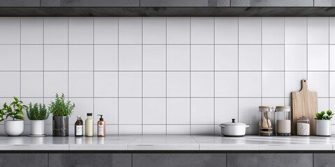 Modern Kitchen Countertop with Ceramic Tiles, Herb Plants, and Cooking Utensils - obrazy, fototapety, plakaty