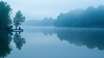A tranquil fishing scene at a misty lake during dawn.