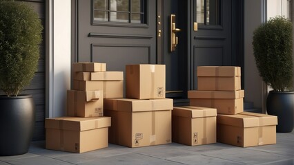 Online shopping delivery service concept. Cardboard parcel box delivered to the front door. Package near front door. generative, ai.