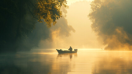 A tranquil morning of fishing on a misty river.