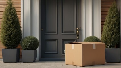 Online shopping delivery service concept. Cardboard parcel box delivered to the front door. Package near front door. generative, ai.