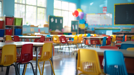 Colorful Elementary School Classroom with Empty Chairs and Decorative Balloons