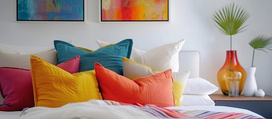 Apartment with a master bed, colorful pillows, comfortable beds, white walls, and beautiful small pillows.