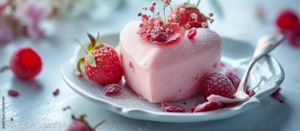 Wall mural Heart-shaped pink dessert with freeze-dried strawberries for a romantic wedding or Valentine's Day celebration.