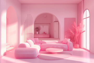 Modern Pink Living Room with Contemporary Furniture and Minimalist Decor