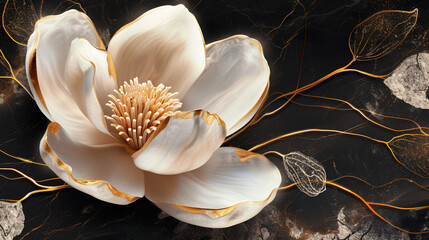 Fototapeta na wymiar Golden and White Magnolia Petal with Gold Trim on Black Marble Texture