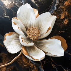 Golden and White Magnolia Flower on Black Marble Background