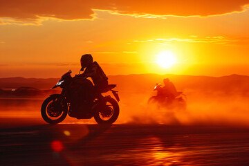 silhouette of a bikers on sunset