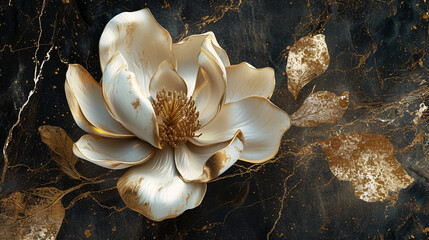 Golden and White Flower Sculpture on Black Marble Background with Gold Leaf Accents