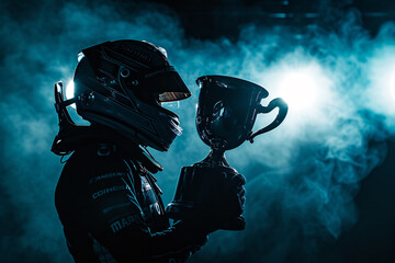 Racing driver with the champion cup in his hands on dark background