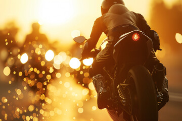 Rear view of a motorcyclist on a motorcycle in the evening