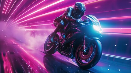 A motorcyclist rides fast in neon lights.