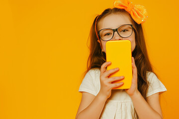 girl in glasses holding up yellow phone on yellow background, - obrazy, fototapety, plakaty