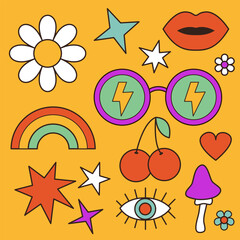 Groovy retro icon set in 60s, 70s hippie style. Funny cartoon daisy flower, rainbow, sunglasses, mushroom, heart, star, cherry, lips, eye. Sticker print. Trendy psychedelic. Yellow background.