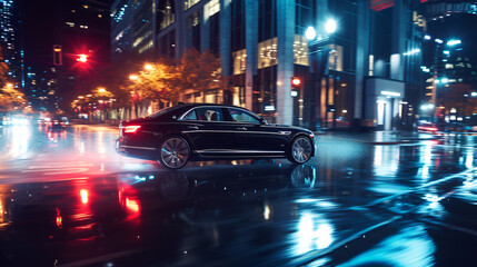 Fototapeta na wymiar A luxury sedan driving through a rain-soaked city street at night.