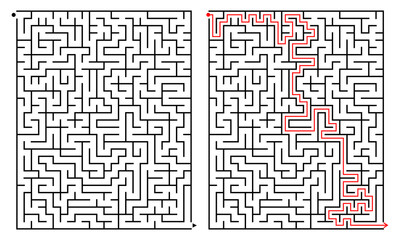 Vertical labyrinth. A hard puzzle game for the brain exercise. Black and white vector illustration. Maze on a white background with a solution