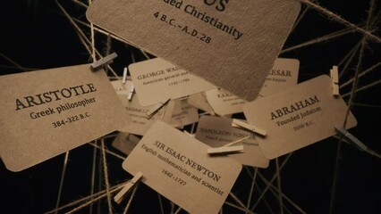 Macro dolly camera flies through craft paper cards hanging on ropes plexus interweave with most famous people in world history years of life and achievements written on cardboards, historical timeline