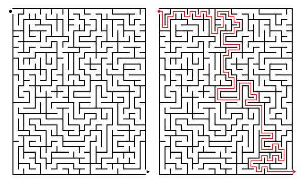 Vertical labyrinth. A hard puzzle game for the brain exercise. Black and white vector illustration. Maze on a white background with a solution