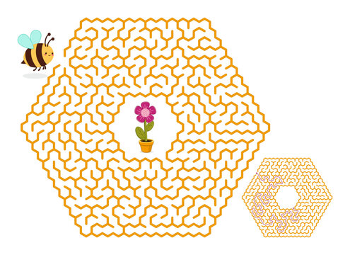 Hexagonal labyrinth. Maze game for kids. Help the bee find the way to the flower. Brain teaser for kids