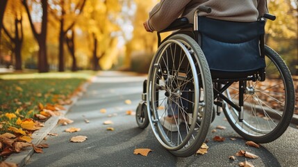 A senior citizen with mobility aids enjoying a nature walk in a park