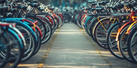 Public city bike parking for electric bicycles. Generative AI - obrazy, fototapety, plakaty