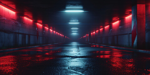 Red Lit Underground Tunnel with Reflective Wet Road - obrazy, fototapety, plakaty