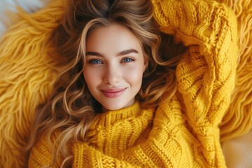 Woman in a yellow sweater on a white background.