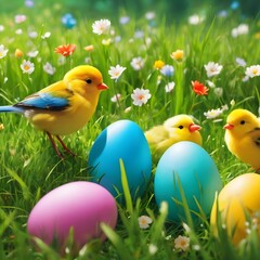 Easter eggs hiding in the grass In Flower Field