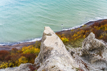 Chalk cliff in Jasmund National park from above with the baltic sea in the background on an...