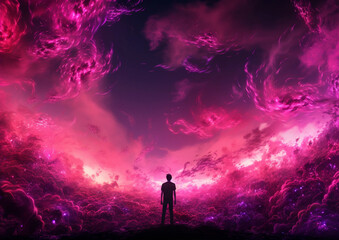 Fantasy Art of a Boy Staring at Swirling Pink Clouds