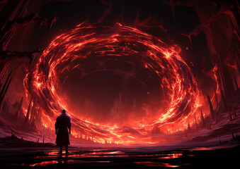 Fantasy Art of a Rogue or Assassin Standing Before a Fiery Red Portal - obrazy, fototapety, plakaty