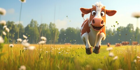 cartoon crazy cute cow smiling - obrazy, fototapety, plakaty