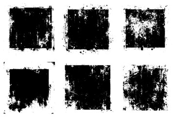Set of 6 black grunge scatter rough overlay textures. Distressed backgrounds. 