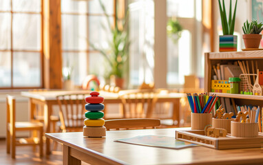 Montessori early education. Kindergarten, preschool classroom interior with wooden furniture, educational material, wooden educational toys.