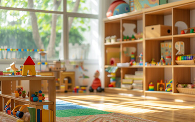 Montessori early education. Kindergarten, preschool classroom interior with wooden furniture, educational material, wooden educational toys.