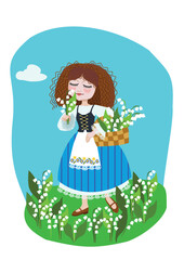 A girl in a folk European costume with a bouquet of lilies of the valley on the lawn.