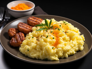 meat, side dish, puree, butter, herbs, pork, beef, lamb, horse meat
meat and mashed potatoes