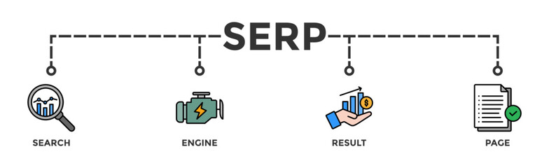 SERP banner web icon vector illustration concept for search engine result page with icon of web search, computer, search engine, mobile search, page result, and statistics graph 
