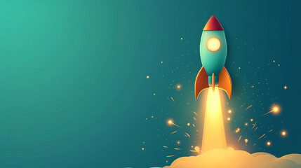 Cartoon Blast Off, Colorful and Playful Rocket Launch Illustration, Embarking on an Adventure.