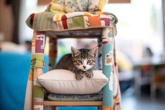 kitten nestled in a cat condo with multiple cushions