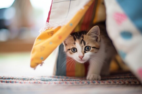 kitten playing hide and seek under a fabric play mat