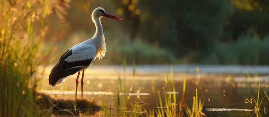 European stork, Ciconia, in its natural habitat, bathed in evening sunshine. © AkuAku