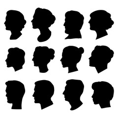 Set of silhouettes of people's heads. Vector silhouettes of women and men depicted in profile. Isolated background EPS 10.