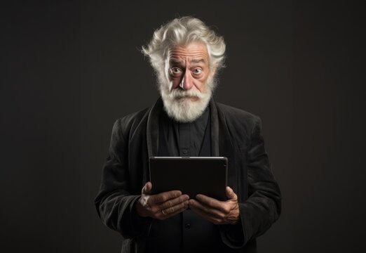 Elderly man with a beard engages with modern technology, using a tablet against a black backdrop, symbolizing the intersection of age and digital connectivity in the contemporary era.Generated image