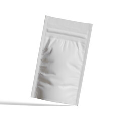 Blank white aluminium foil plastic pouch bag sachet packaging mockup isolated on white background, 3D rendering