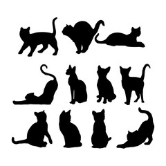 Set of silhouettes of cats. Cats in different poses. Vector isolated background. EPS 10.