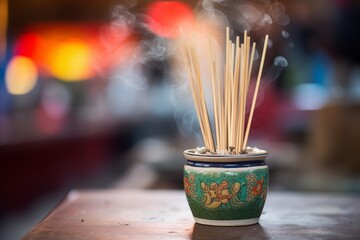 incense sticks glowing in a traditional burner