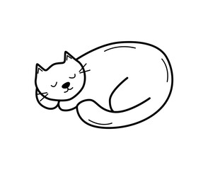 Cute cartoon cat is sleeping. Vector doodle illustration of a funny pet cat. Isolate on white.