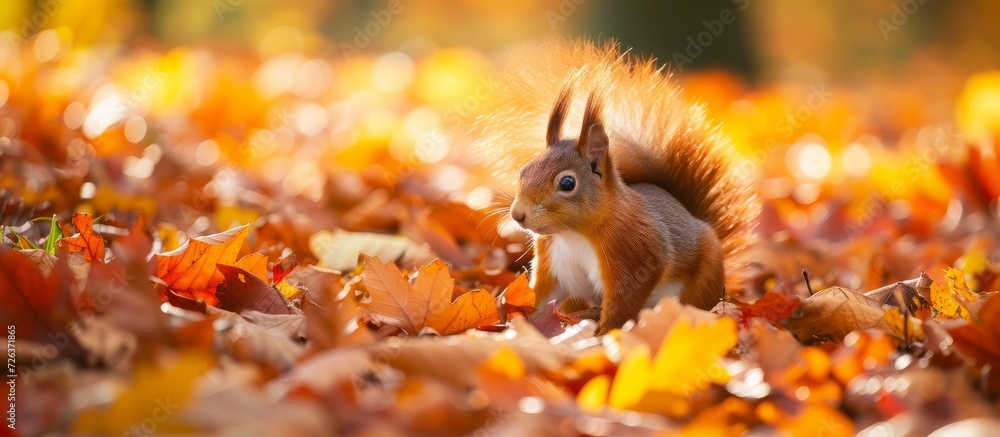 Poster Gorgeous autumn landscape featuring a charming European red squirrel resting amidst the fallen leaves.