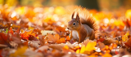 Gorgeous autumn landscape featuring a charming European red squirrel resting amidst the fallen leaves.